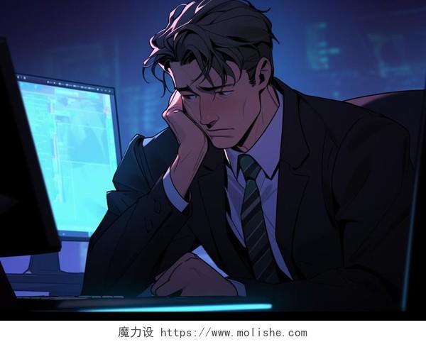 一位职场男性在电脑前疲惫工作场景日漫人物插画招聘职场办公商务白领压力大